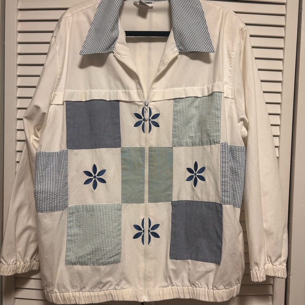 Alfred Dunner Cream Bomber Jacket with Blue Patchwork & Embroidery